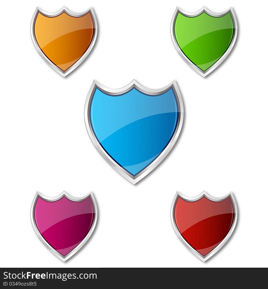 Illustration of colorful shields on white background