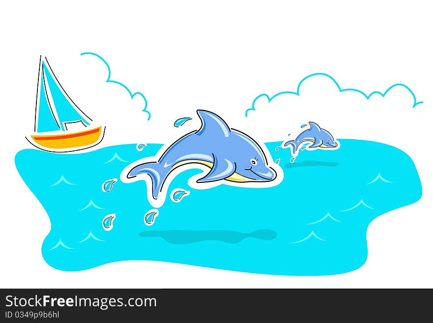 Illustration of jumping dolphin in sea on white background