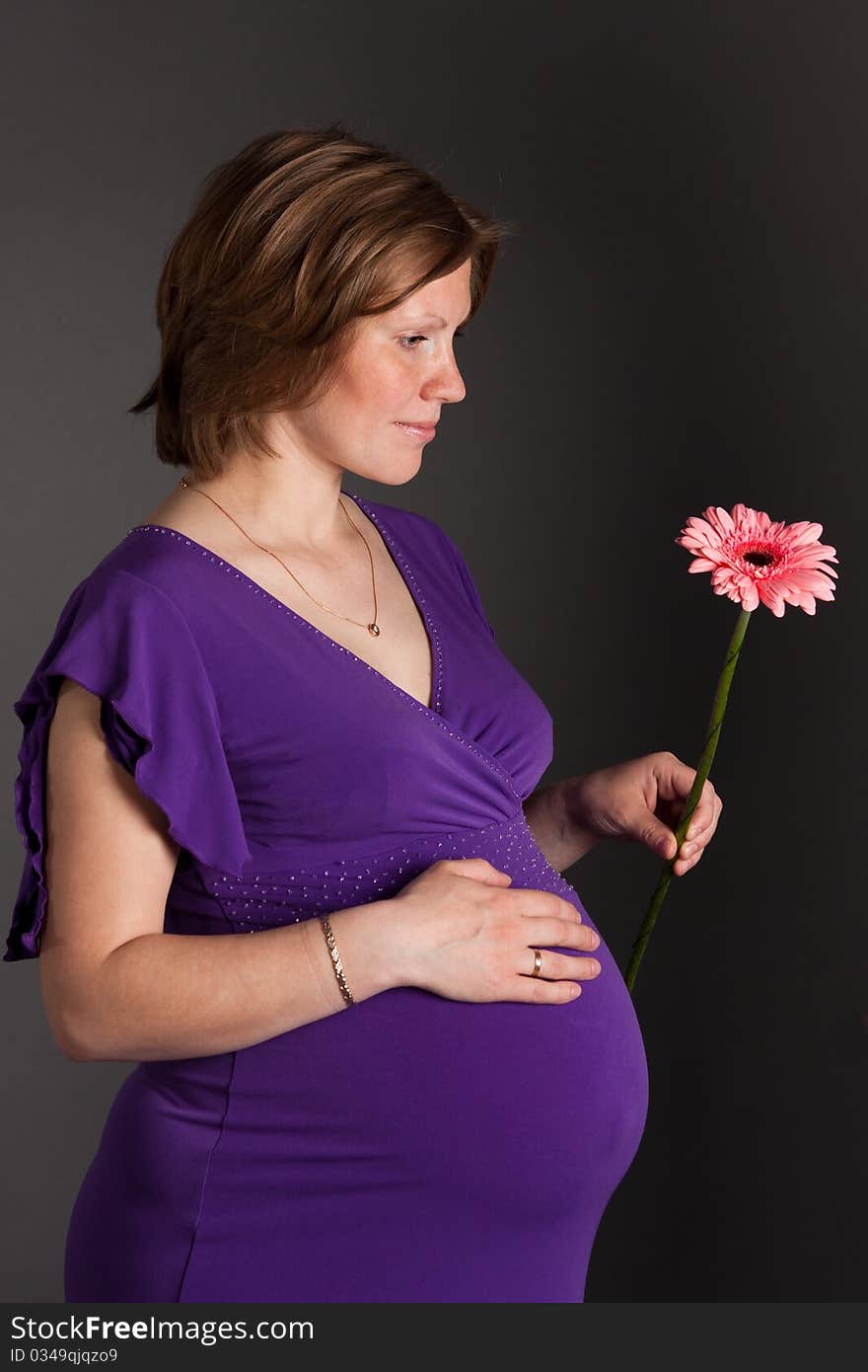 Beautiful pregnant woman staing on grey background