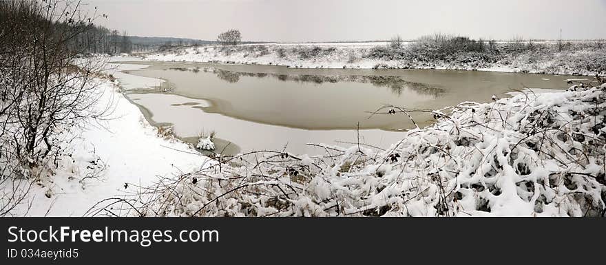 Winter panorama: partially frozen lake