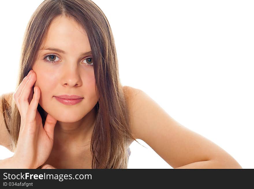 Portrait of beautiful woman on a white background