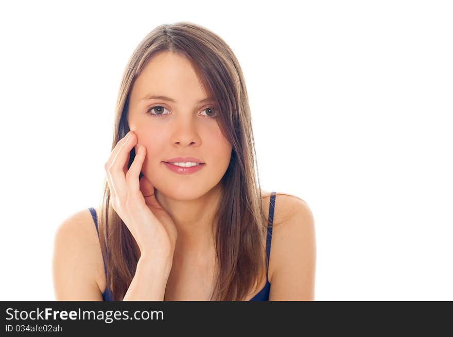 Portrait of beautiful woman on a white background