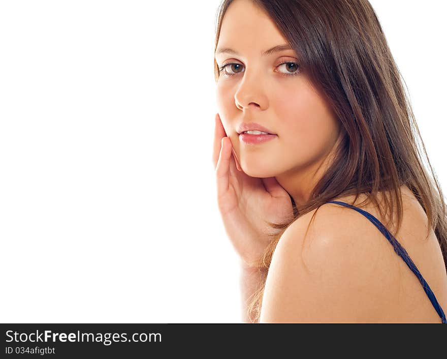 Portrait of beautiful woman on a white background