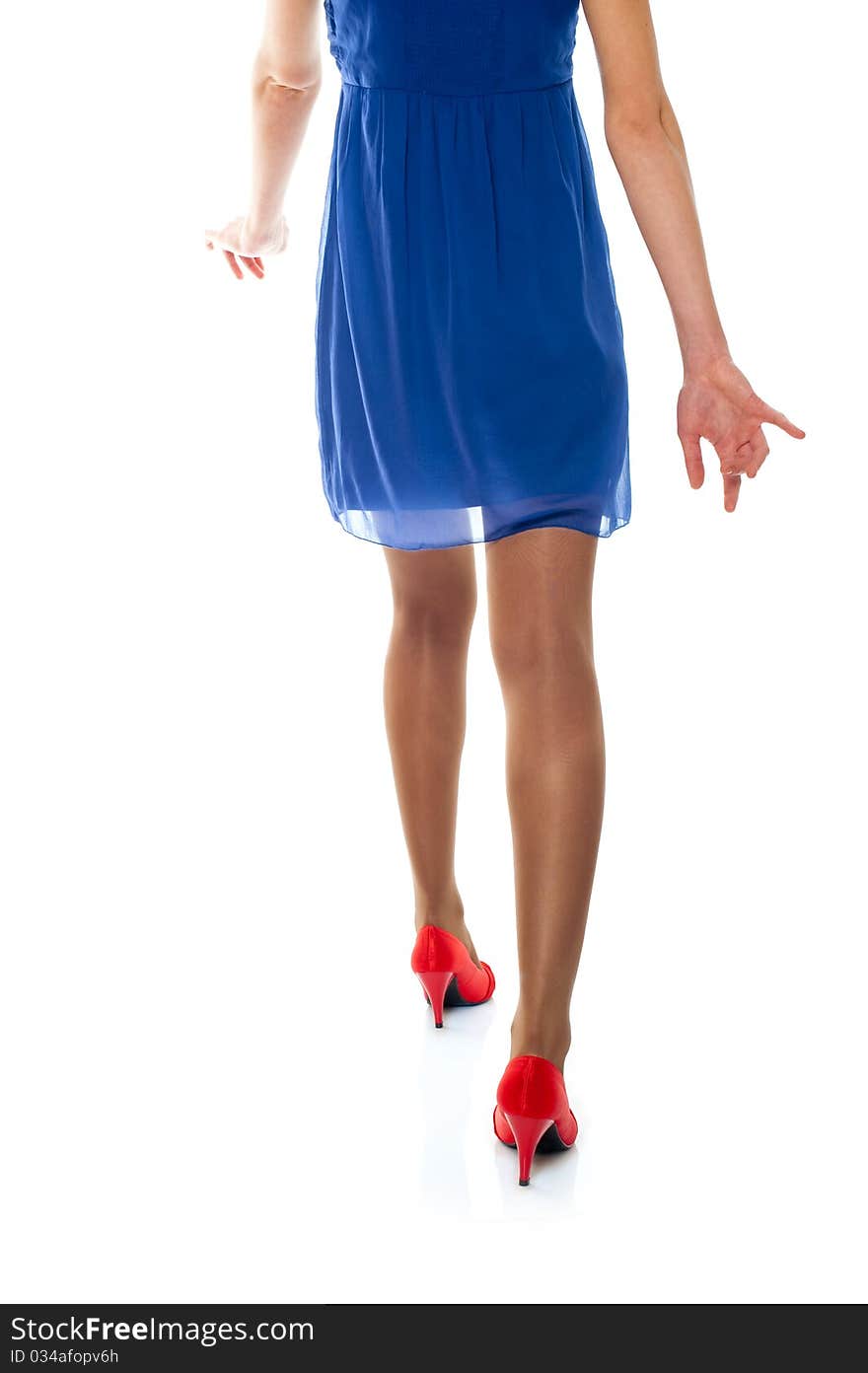 Young Woman With Blue Dress And Red Shoes