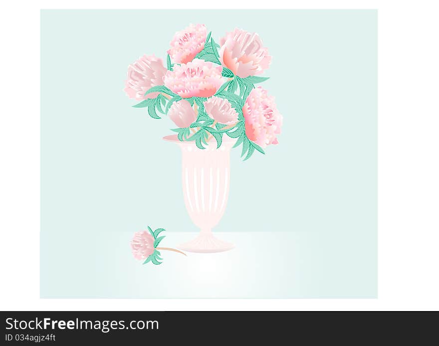 Peonies of cream shades stand in a vase. One flower lies nearby. Peonies of cream shades stand in a vase. One flower lies nearby.