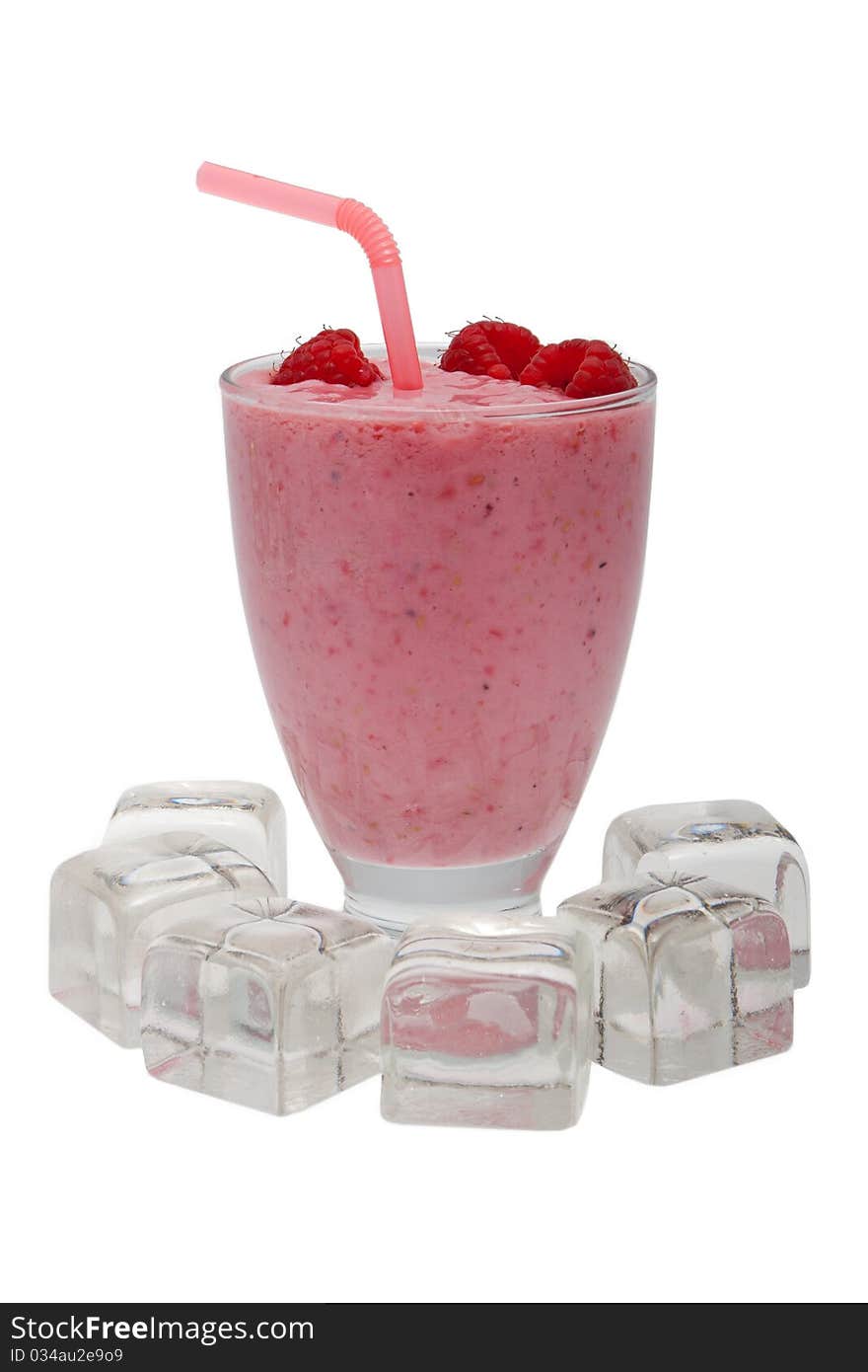 Smoothie raspberry, drink with fruit and ice cube against white background