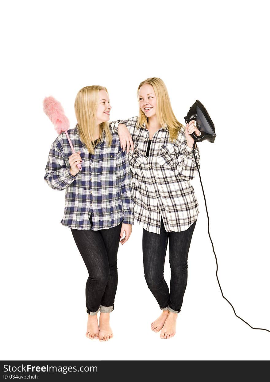 Two women with Housework equipment. Two women with Housework equipment