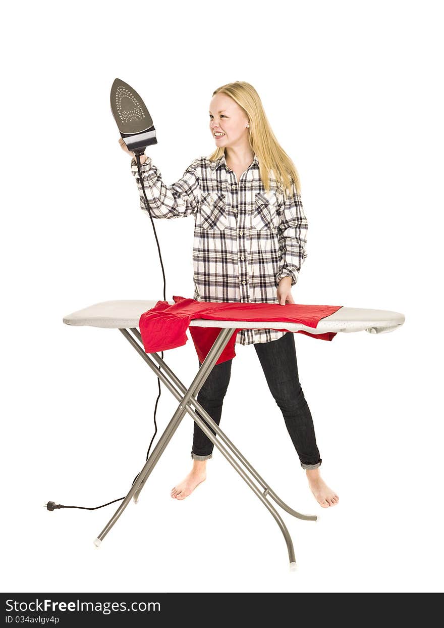 Angry Housewife ironing isolated on white background