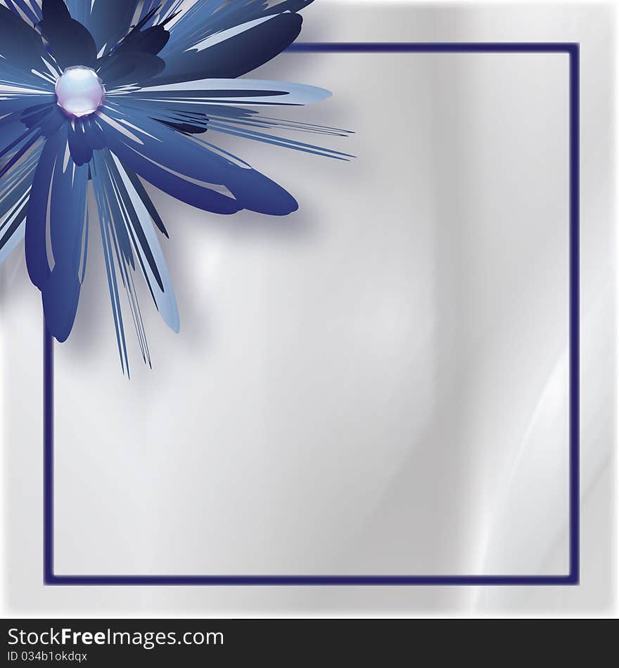 Neutral color background with a dark blue frame and an abstract blue flower in the upper left corner. Neutral color background with a dark blue frame and an abstract blue flower in the upper left corner