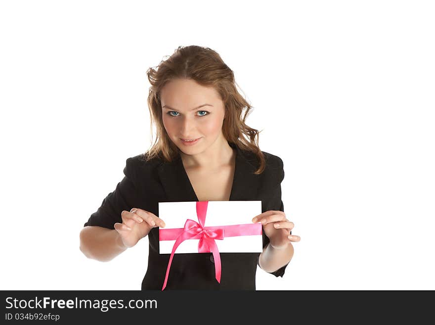 Young woman with a greeting card. Business woman.