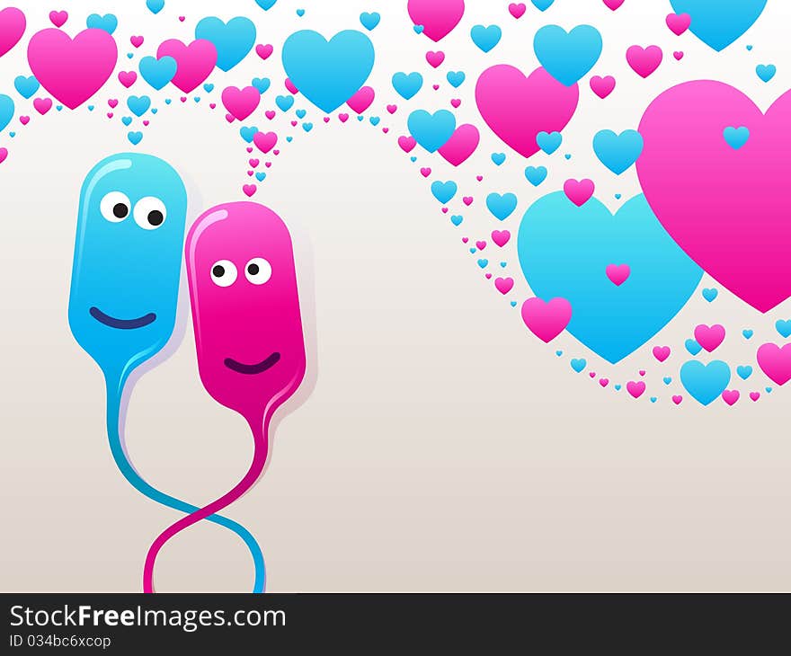 Couple of funny bubble-heads in love. Vector illustration.