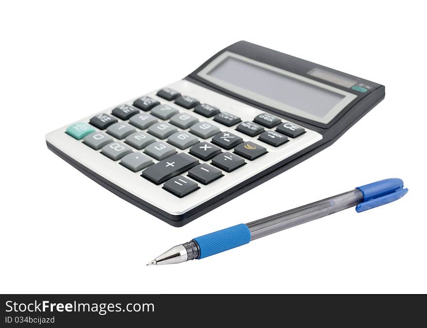 Calculator and a pen on a white background