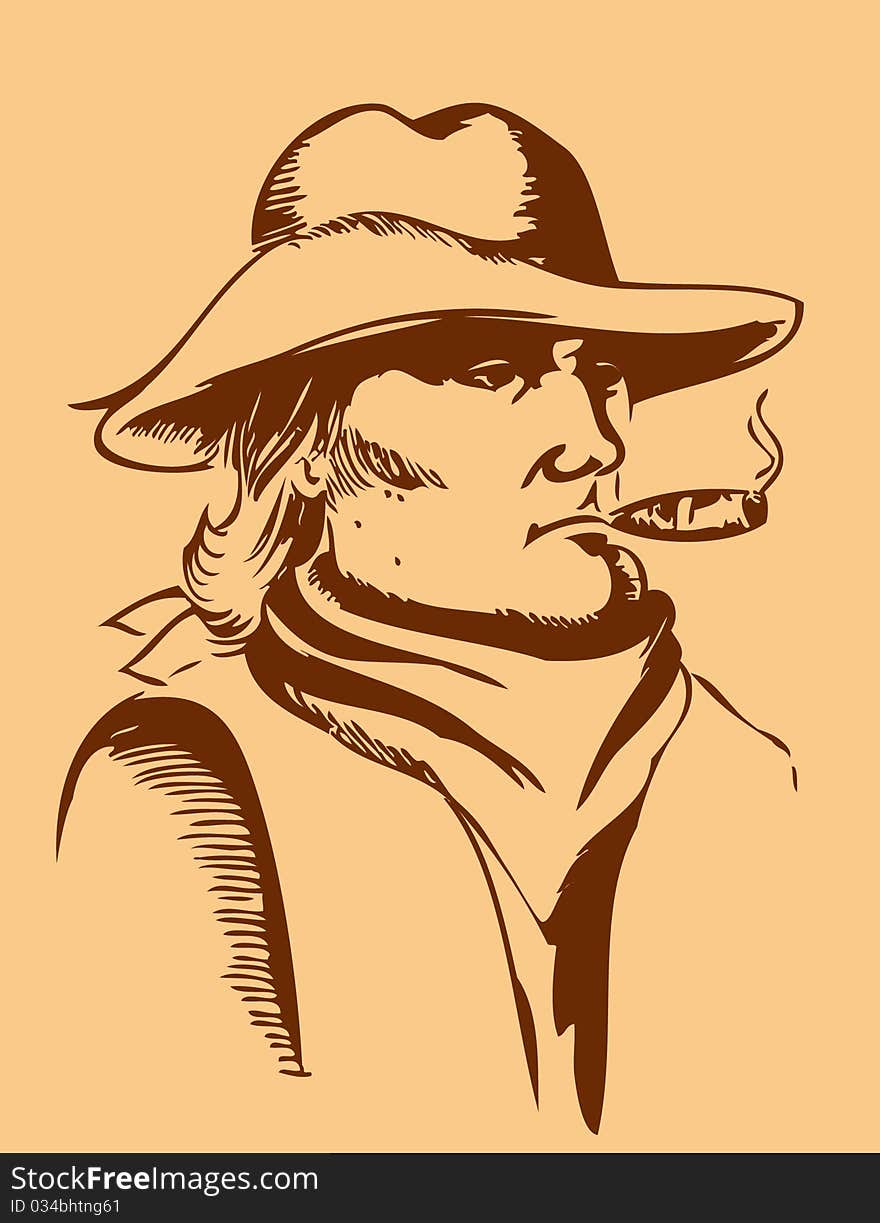 Portrait of man with cigarette and hat.Vector graphic