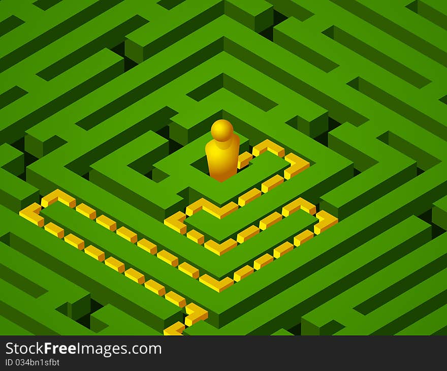 Green maze with yellow person. Green maze with yellow person