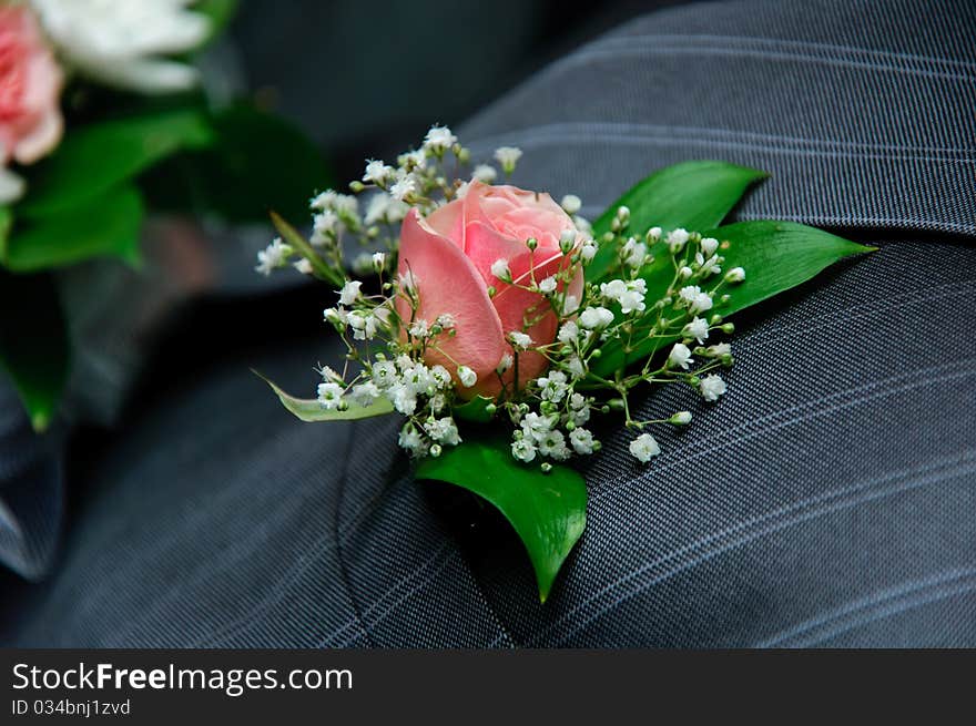 Red rose on a groom coat. Close-up.