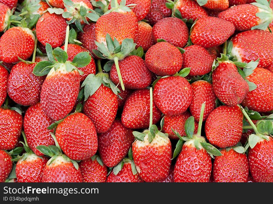 Ripe red strawberries with green spines background