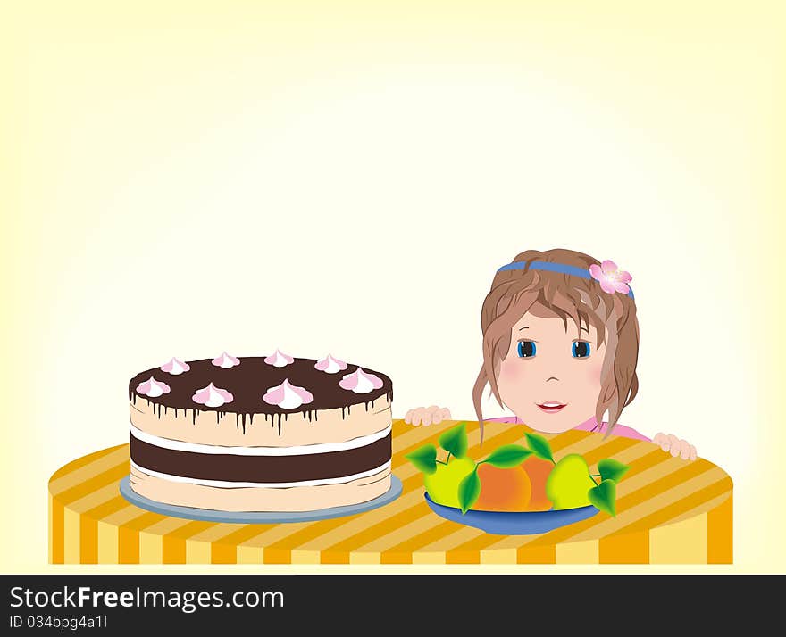 Little girl happily looks at the birthday cake on the table. Little girl happily looks at the birthday cake on the table