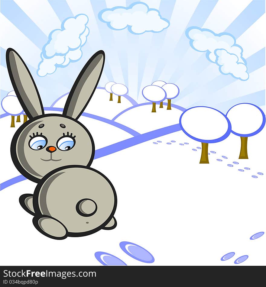 The Bunny jumps on background of winter landscape. The Symbol of new year on Chinese calendar. The Bunny jumps on background of winter landscape. The Symbol of new year on Chinese calendar.