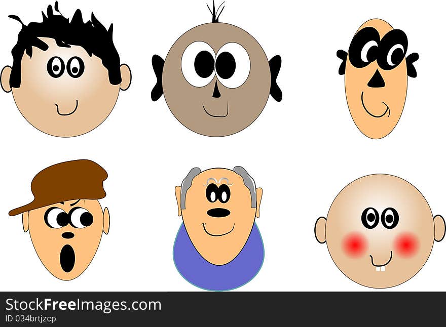 Faces of people in various ages in cartoon format on white. Faces of people in various ages in cartoon format on white