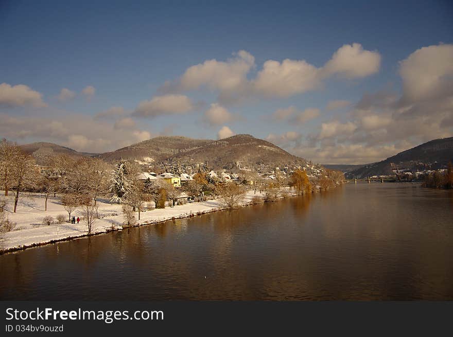 Neckar at winter, river in Heidelberg, Germany