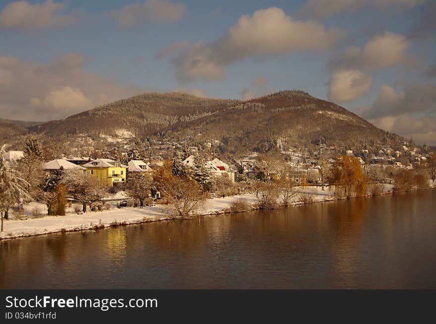 Neckar at winter, river in Heidelberg, Germany