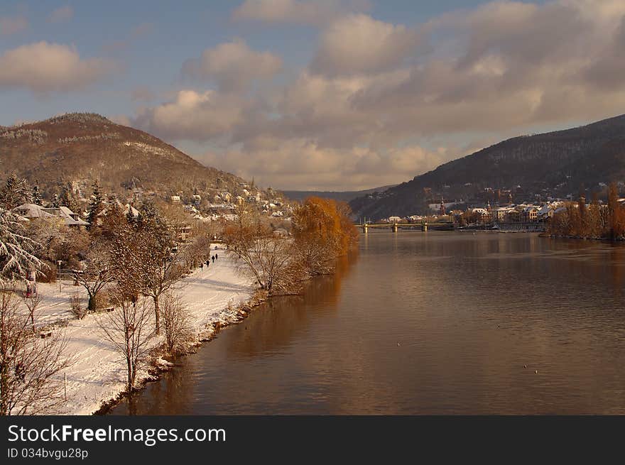 Neckar at winter, river in Heidelberg, Germany