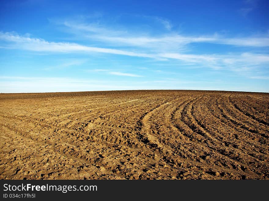 Texture of cultivated field and blue sky. Texture of cultivated field and blue sky.