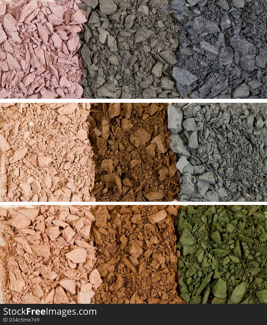 Different shades of crumbled eye shadows photographed separately then combined in Photoshop