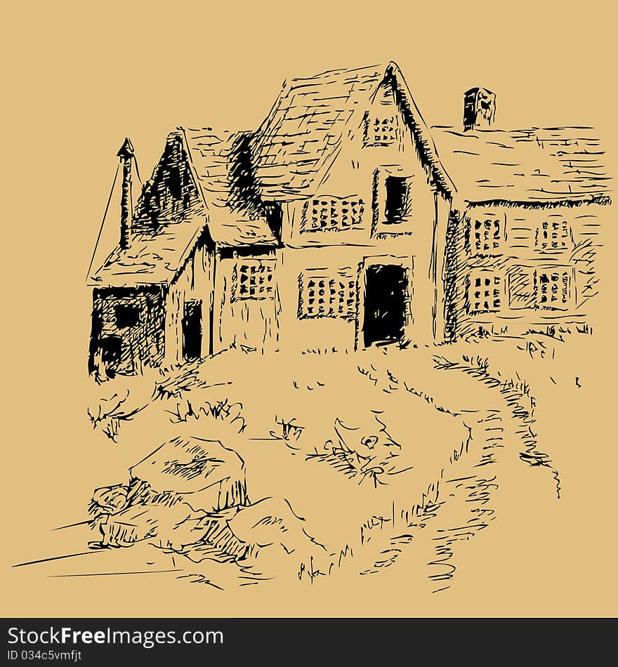 Freehand pen and ink cottage house illustration