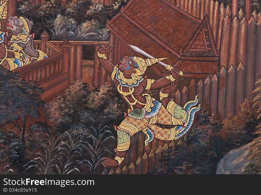 Masterpiece of traditional Thai style painting art on temple wall at Bangkok,Thailand