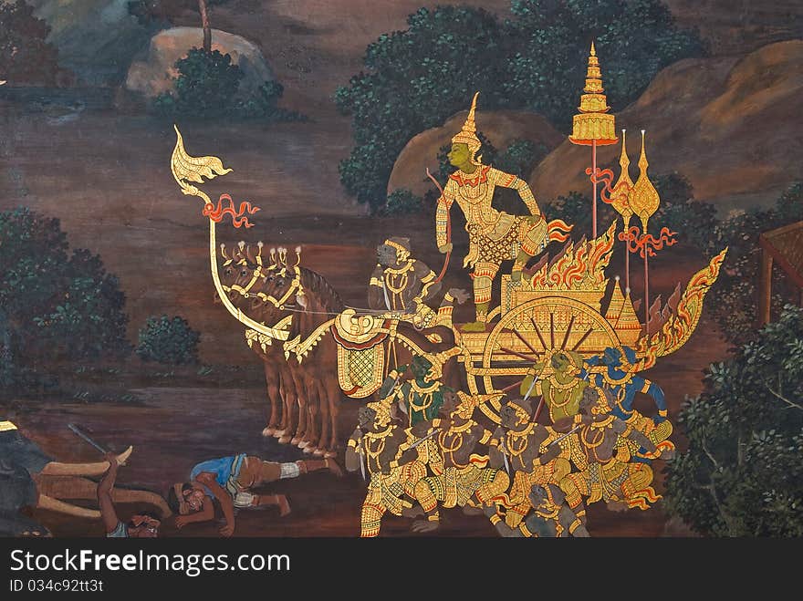 Masterpiece of traditional Thai style painting art on temple wall at Bangkok,Thailand