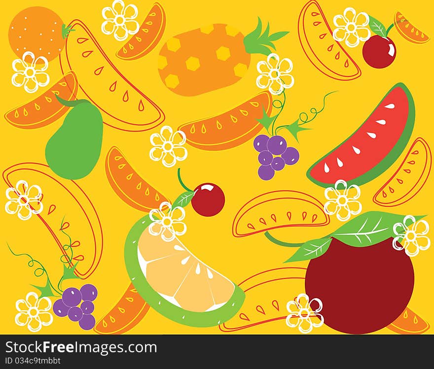 Abstract fruit Illustration orange lemon pineapple cherry grapefruit apple background green leaf. Abstract fruit Illustration orange lemon pineapple cherry grapefruit apple background green leaf