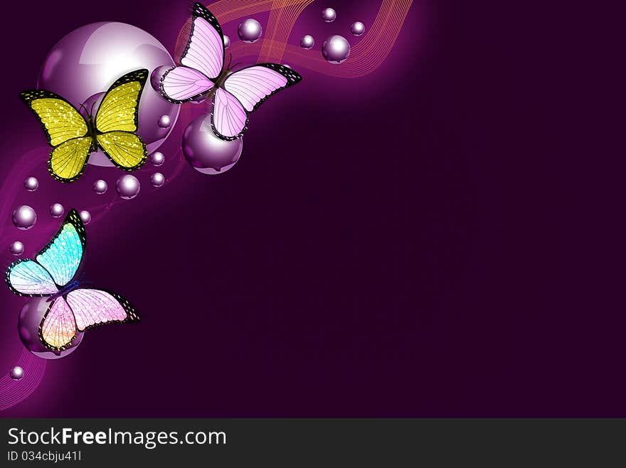 Three butterflies and balls abstract background