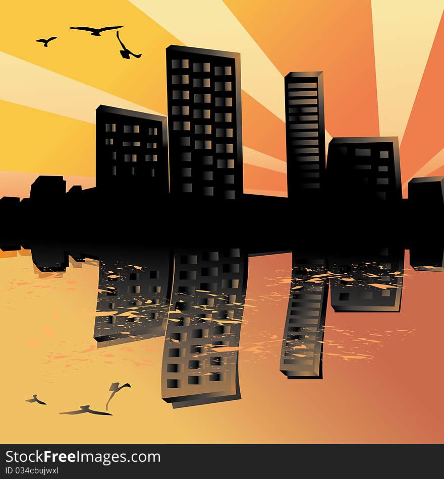 Sunset city silhouette background and birds