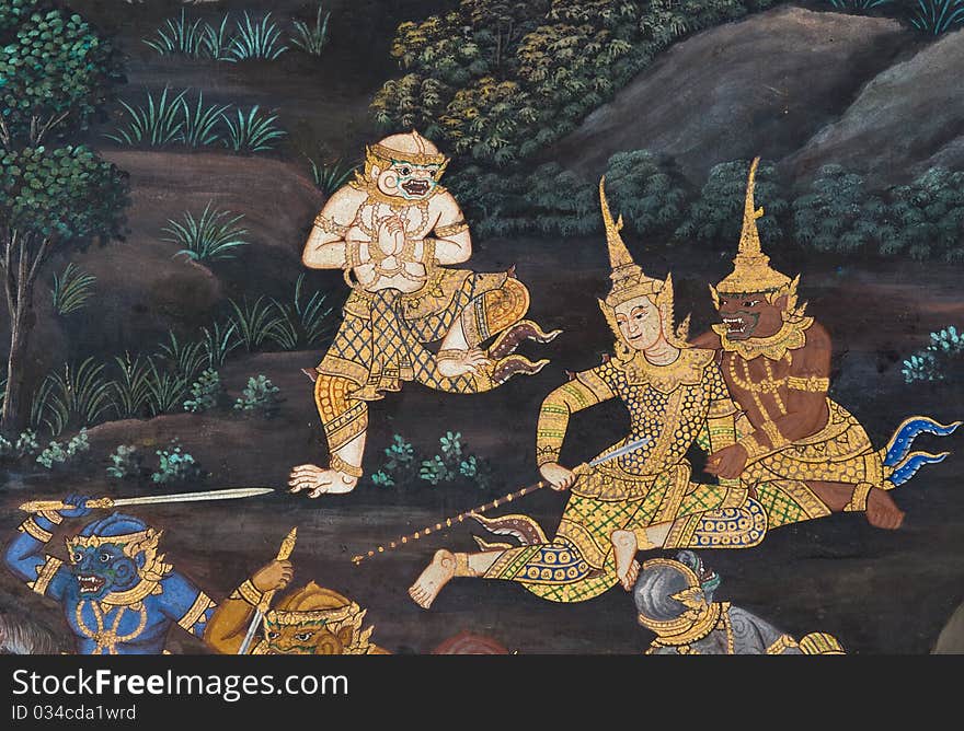 Masterpiece of traditional Thai style painting art on temple wall at Bangkok,Thailand