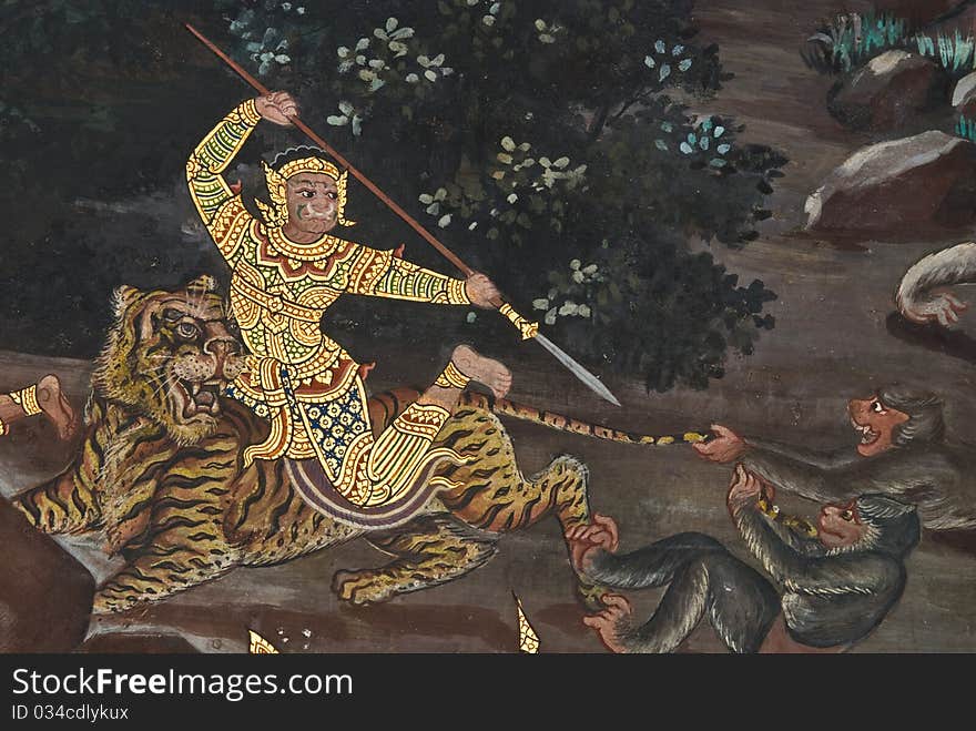 Masterpiece of traditional Thai style painting art  on temple wall at  Bangkok,Thailand