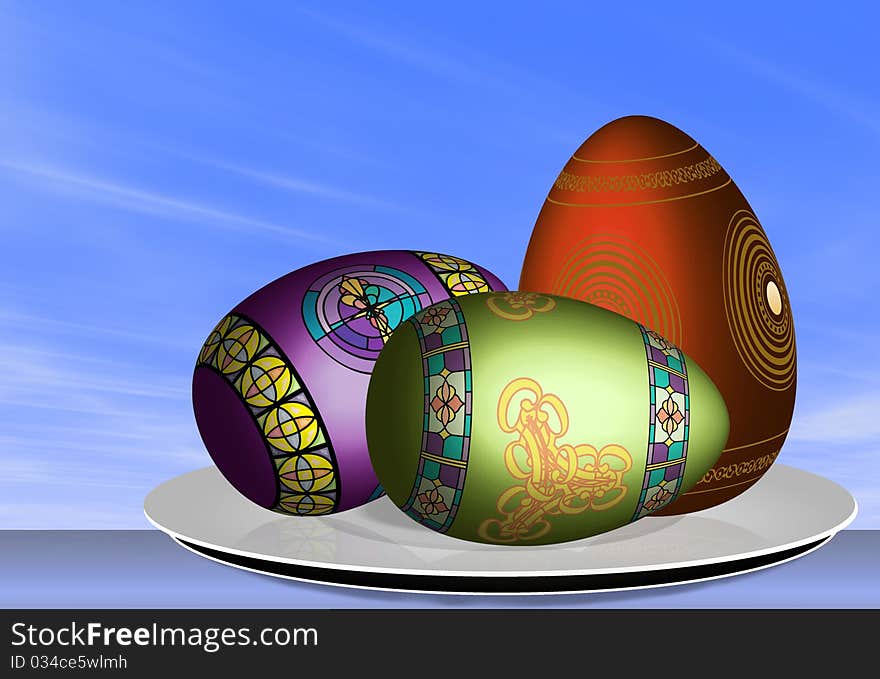 Three easter eggs on the plate