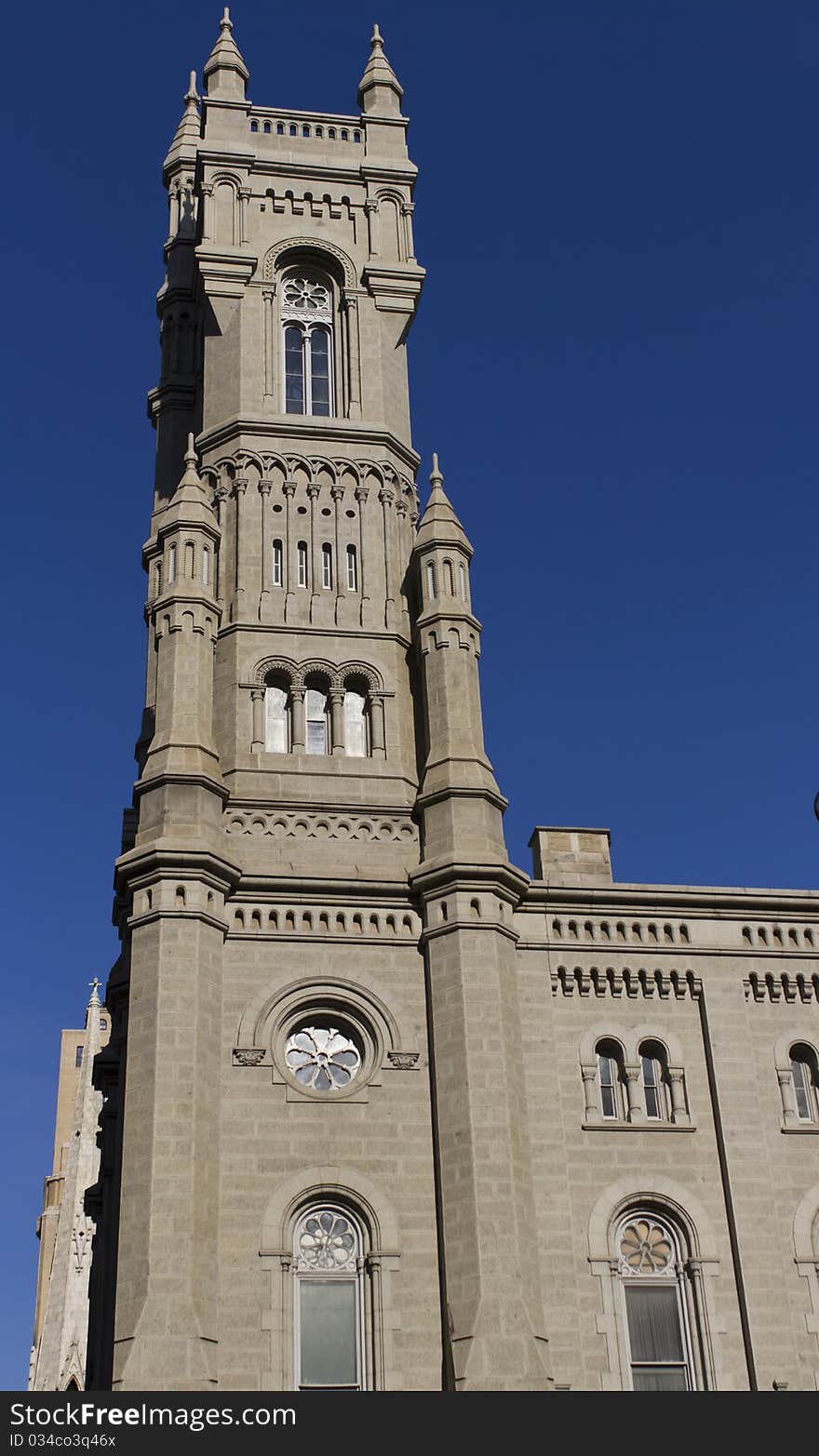 Masonic temple's bell tower, with a clear blue sky