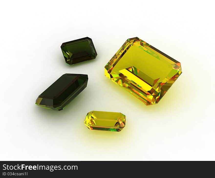 Four emerald cut yellow sapphires - 3D rendering. Four emerald cut yellow sapphires - 3D rendering