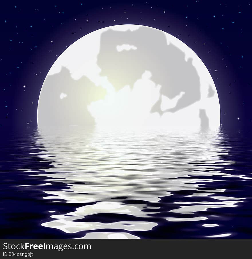 Moon against the starry sky reflected in water. Moon against the starry sky reflected in water