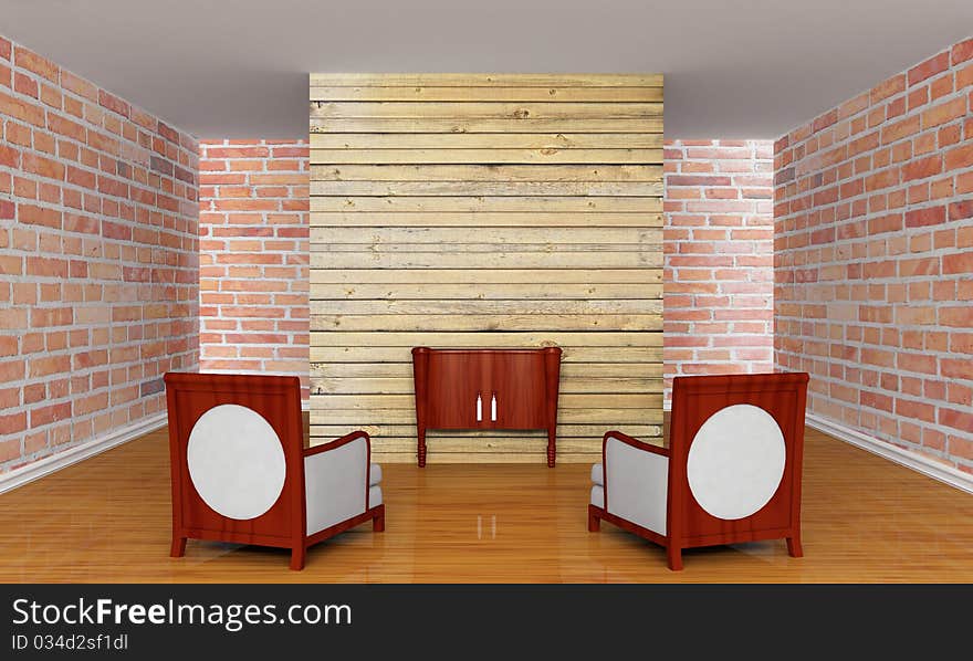 Gallery's hall with chairs and wooden console-table