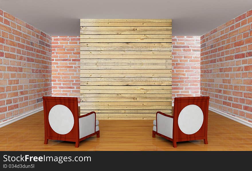 Gallery's hall with chairs and wooden partition