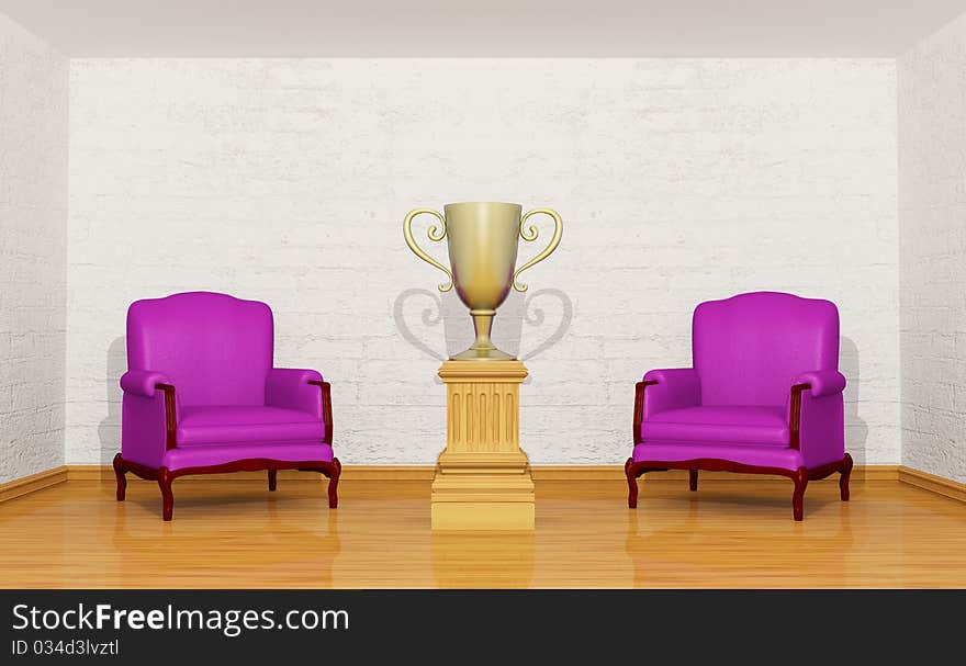 Golden trophy cup on the pedestal with purple chairs in room. Golden trophy cup on the pedestal with purple chairs in room