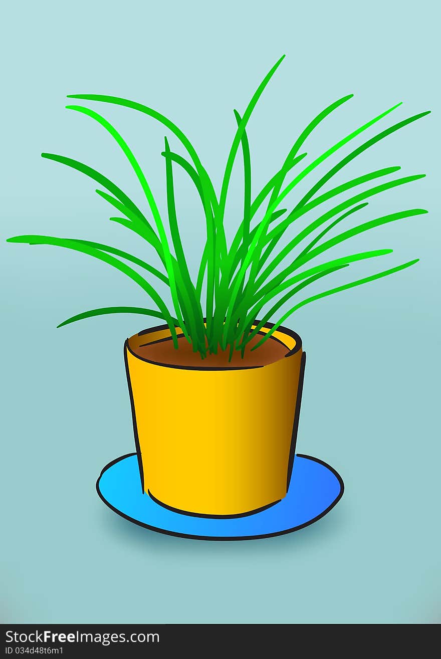 Yellow flowerpot with green grass