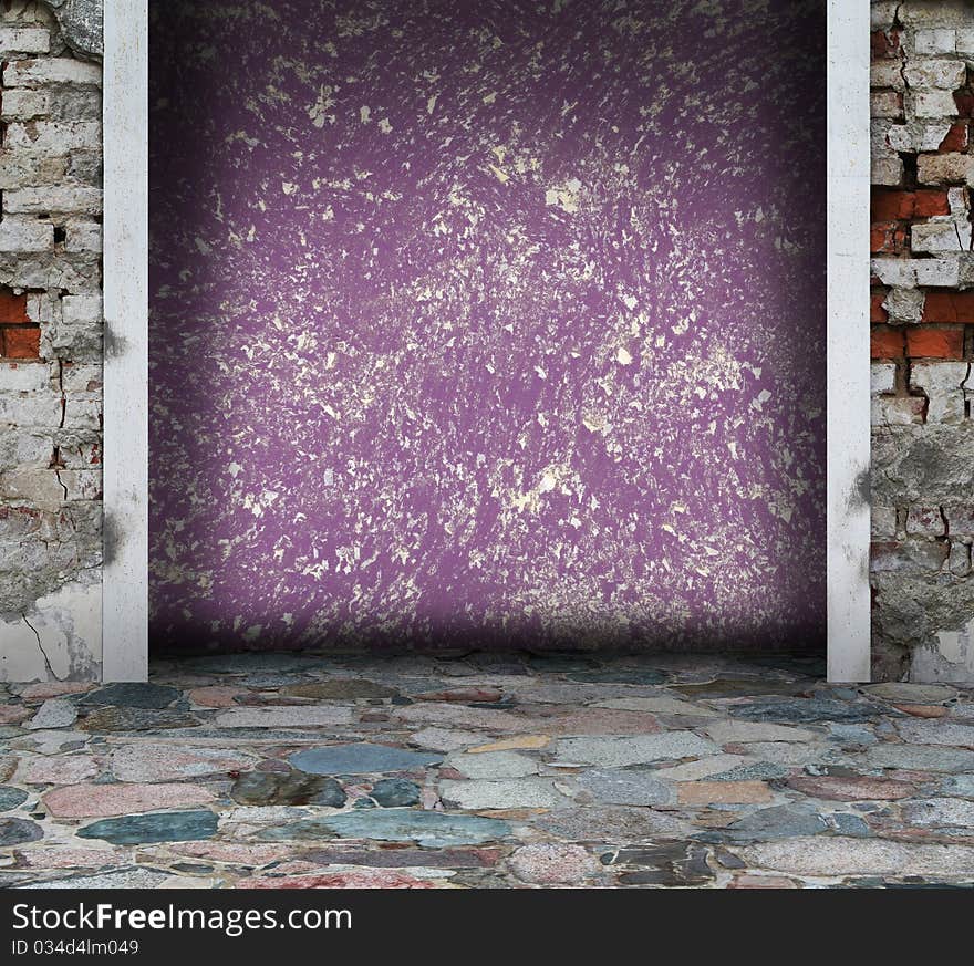 Purple grunge interior with columns and stone floor