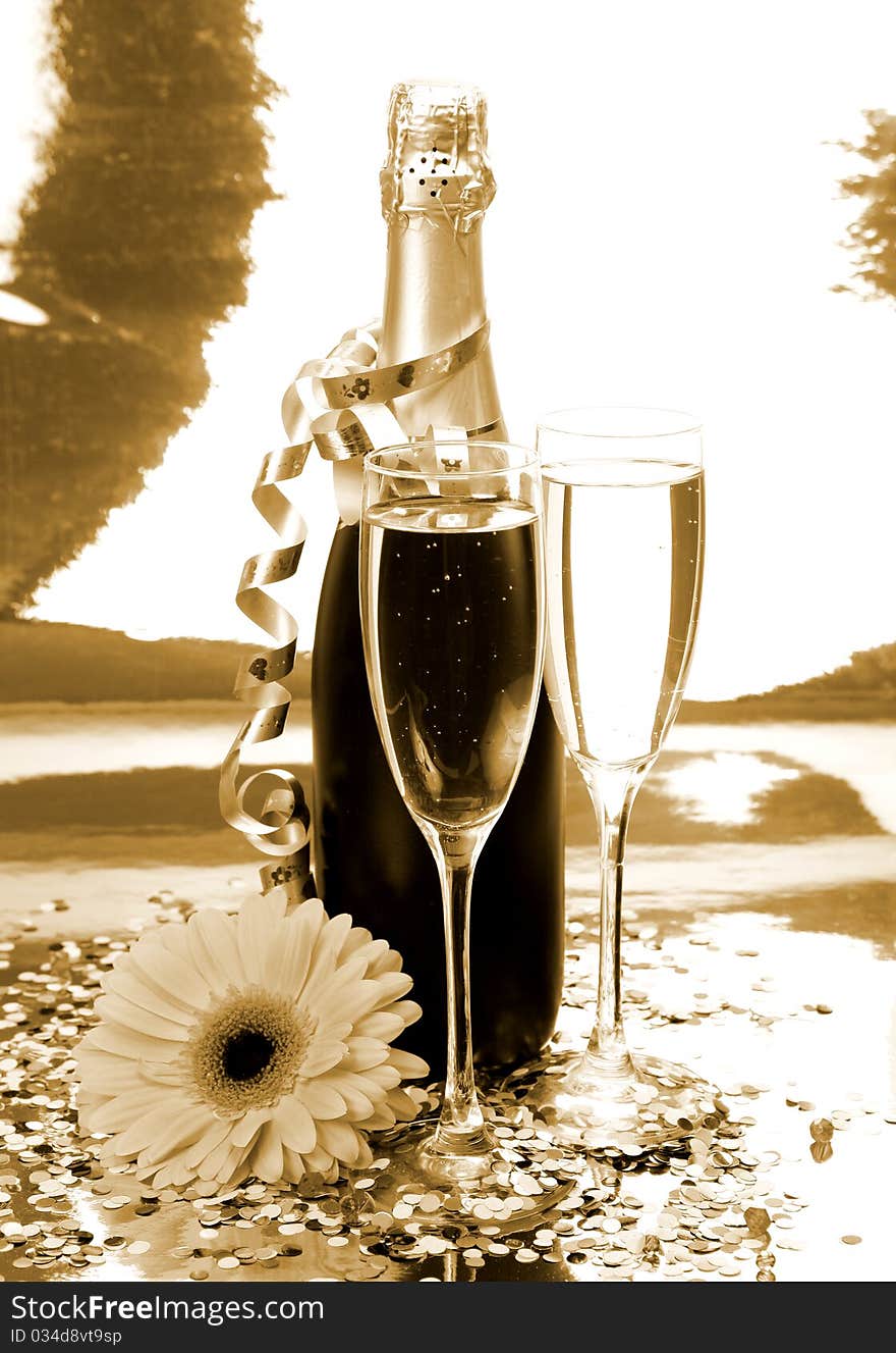 Bottle with a champagne and fine flower. Bottle with a champagne and fine flower