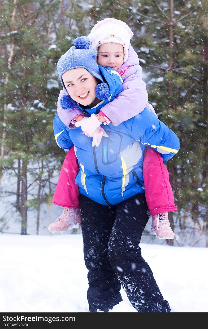 Happy Mother And Daughter In A Winter Park