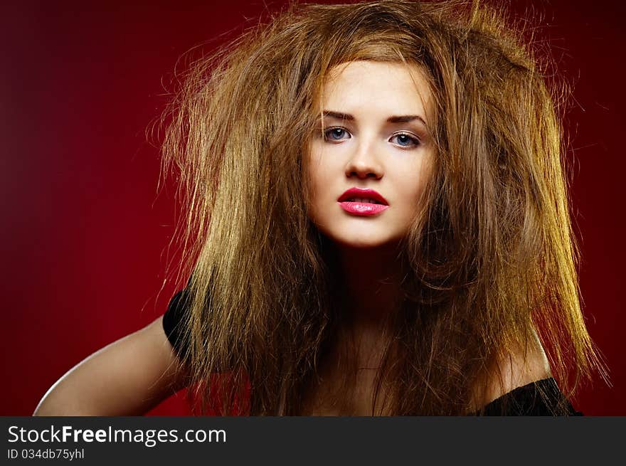 Portrait of the malicious lady with a mad hairdress