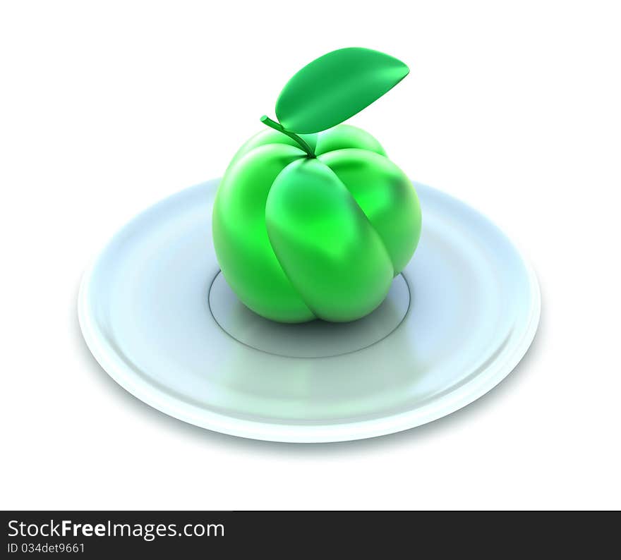 Green apple on white plate, isolated on white