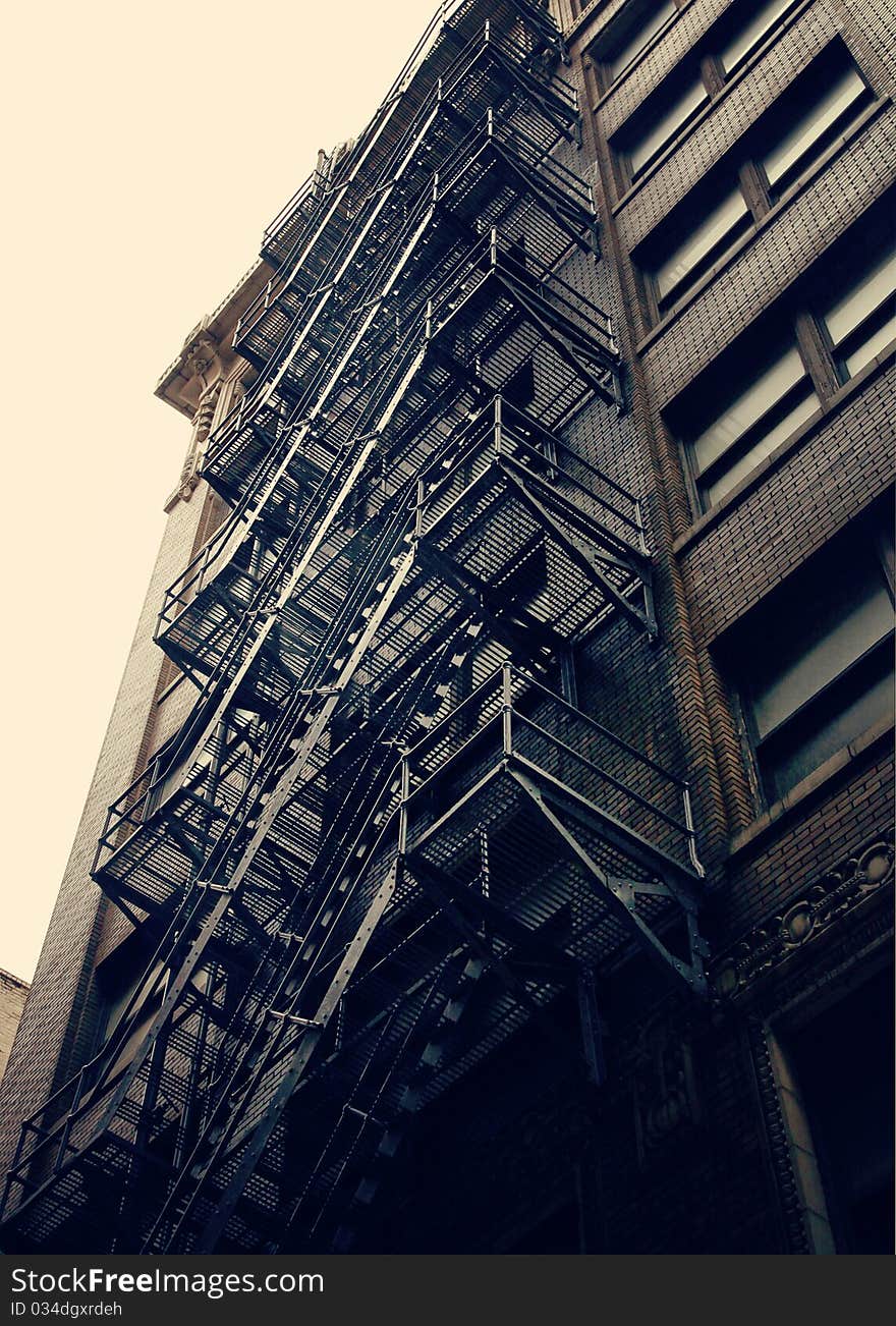 A stairway to the top of an old building